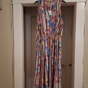 Anne Klein Women's  Pink Pansy Combo Striped Sleeveless Midi Dress Size 1X